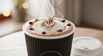 A steaming cup of hot chocolate in a black paper cup, topped with whipped cream, cocoa powder, and chocolate chips.