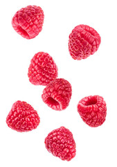 dynamic photograph showing seven fresh, ripe raspberries falling or floating in mid-air, isolated...