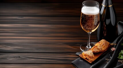 Champagne and Appetizers on Rustic Wood: Elegant Still Life with Sparkling Wine, Snacks, and Dark Wood Background for Celebrations