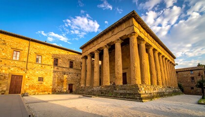 Obraz premium An ancient temple with towering columns stands next to a traditional building, bathed in warm sunlight beneath a blue sky