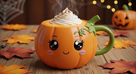 A spooky, orange halloween pumpkin soup face in a cup is a seasonal autumn food for a dark october celebration