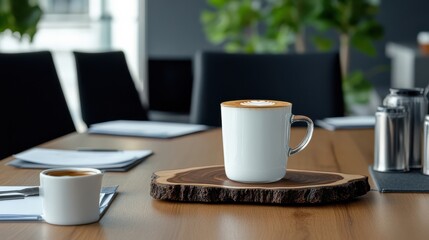 Coffee Break in Modern Office Meeting Room with Cappuccino on Wooden Tray, Showcasing Relaxation and Professional Environment