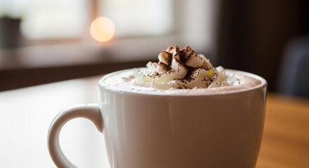 A warm cup of coffee topped with whipped cream and a sprinkle of cocoa powder on a wooden table with a blurred background.