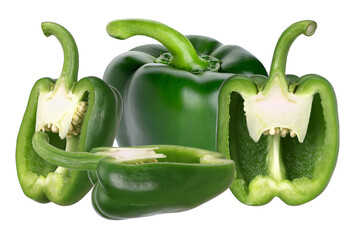 realistic photographic arrangement of fresh green bell peppers, including a whole pepper and various cross-sections, showcasing the core and seeds, isolated on black.