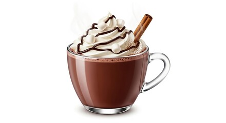 A steaming mug of hot chocolate topped with whipped cream, marshmallows, chocolate drizzle, and a cinnamon stick.