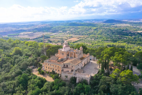 Aeril view. The Ermita de Bonany Monastery is located on a 315-meter-high mountain between Petra, Villafranca de Bonany, and Sant Joan. Mallorca, Europe