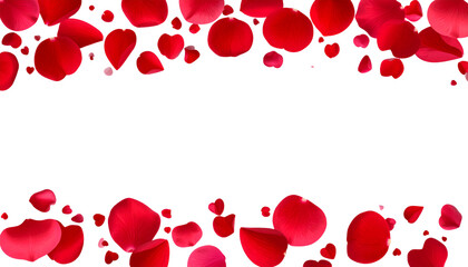 A vibrant red valentine's day background with hearts and falling rose petals for a romantic love pattern design on white background