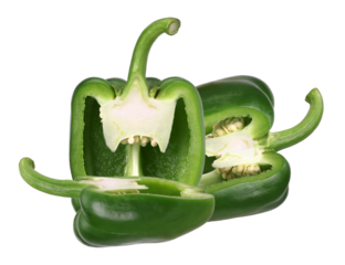 realistic close-up photograph of two halves of a ripe green bell pepper, cut longitudinally, revealing the white core, pith, and seeds, isolated on black.