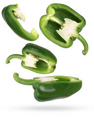 high-speed photographic illustration featuring dynamic, scattered pieces of green bell pepper...