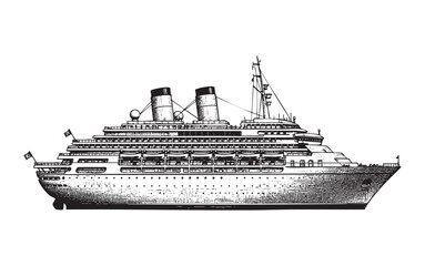 Fototapeta premium Cruise Ship, Ocean Traveling on the Sea engraving vector style