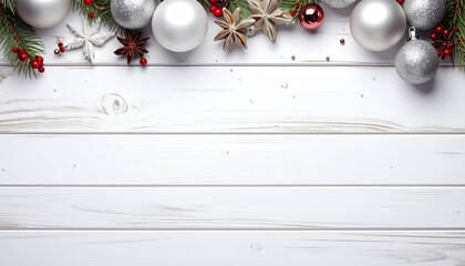 Christmas border. Wooden christmas frame with festive decorations and ornaments - baubles, tree branches and holly berries.