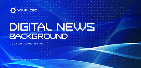 Digital news background, blue tech waves pattern, futuristic grid world map dots. For media banners, TV broadcast graphics, website headers, conference promo. Vector illustration.
