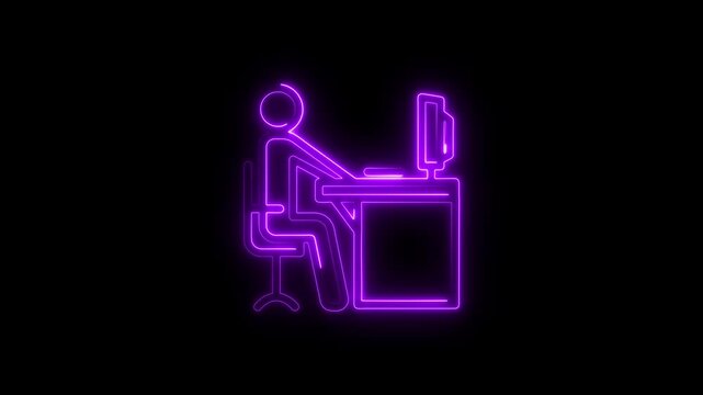 Neon purple silhouette of person working at computer desk glowing on black background abstract