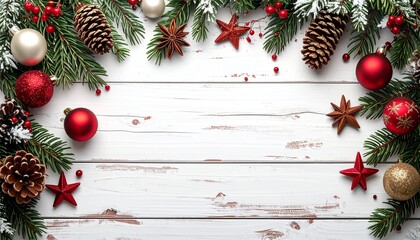 Christmas border. Wooden christmas frame with festive decorations and ornaments - baubles, tree branches and holly berries.