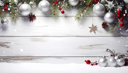 Christmas border. Wooden christmas frame with festive decorations and ornaments - baubles, tree branches and holly berries.