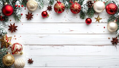 Christmas border. Wooden christmas frame with festive decorations and ornaments - baubles, tree branches and holly berries.