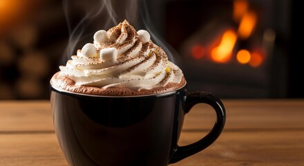Hot cappuccino with cinnamon and chocolate on a white saucer for a sweet breakfast or dessert