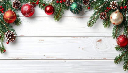Christmas border. Wooden christmas frame with festive decorations and ornaments - baubles, tree branches and holly berries.