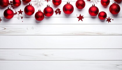 Christmas border. Wooden christmas frame with festive decorations and ornaments - red baubles, top view.