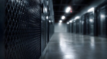 Dimly lit corridor in a data center with rows of server racks under industrial lighting