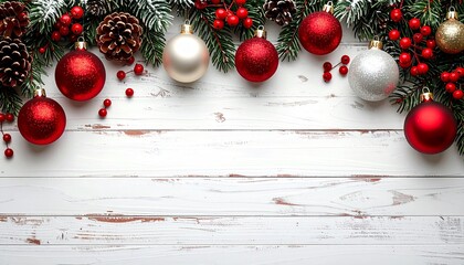 Christmas border. Wooden christmas frame with festive decorations and ornaments - baubles, tree branches and holly berries.