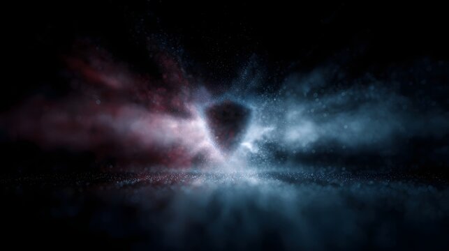 A shield shaped entity emerges from swirling red and blue particles against a dark abstract background
