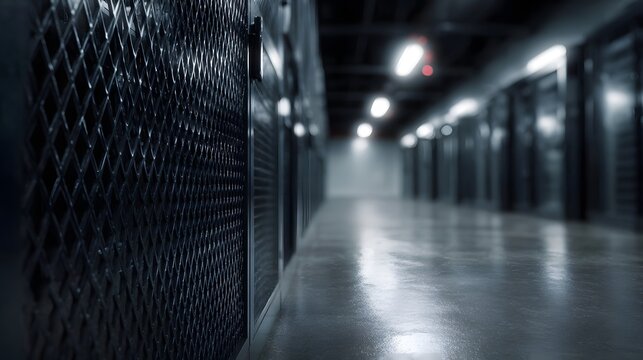 Dimly lit corridor in a data center with rows of server racks under industrial lighting