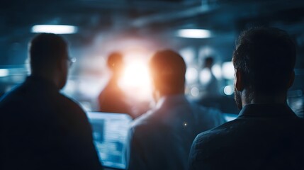 Diverse group of professionals collaborating in a modern dimly lit tech office with bright warm ambient lighting