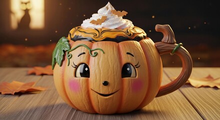 A cute pumpkin-shaped mug filled with a creamy beverage and topped with whipped cream and bat sprinkles.