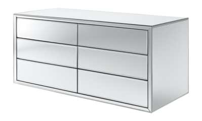 Sleek mirrored dresser drawers enhance light, perfect for a stylish apartment bedroom.