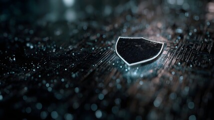 A glowing shield emblem hovers over a dark intricate digital circuit board with scattered luminous particles