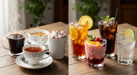 A split image showing a variety of hot beverages like coffee, tea, and hot chocolate on the left, and refreshing cold drinks such as iced tea, cola, smoothie, and sparkling water on the right.