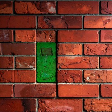 A brick wall with a vibrant green brick inset. The red bricks display varied shades, textures. The single contrasting brick catches the eye
