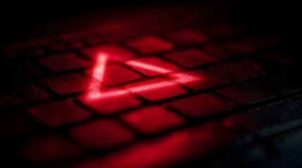 A bright red warning triangle symbol glows intensely on a dark textured computer keyboard creating a sense of urgency and alert