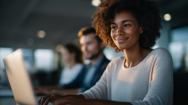 Workers in co-working offices powered by clean energy systems, representing corporate culture, teamwork, and innovation. three-quarter wide angle, cinematic color correction, gentle backlight,