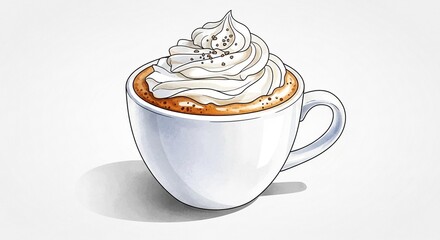 A detailed illustration of a white coffee cup filled with cappuccino and topped with whipped cream and sprinkles.