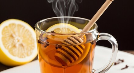 A steaming mug of hot tea with lemon slices, cloves, and a honey dipper, next to a halved lemon.