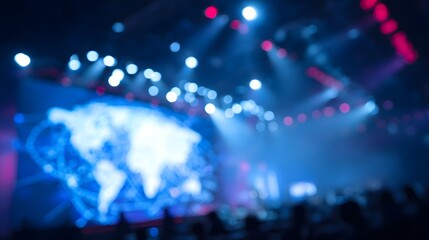 Obraz premium Abstract digital world map displayed on a large screen with dramatic stage lighting and audience silhouettes at a blurry event
