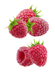 detailed close-up photograph showcasing a pile of seven ripe, vibrant red raspberries with their green caps and stems intact, isolated on black.