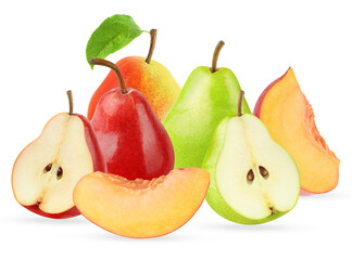 abundant and colorful photographic grouping of diverse fresh fruits: red, green, and yellow pears, along with sliced peaches, isolated against black.