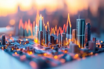 Dynamic cityscape with integrated financial data trends, showcasing a digital economy and urban development. Abstract visualization of smart cities and market analytics.
