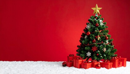 Decorated Christmas tree with red and gold ornaments, gifts, and snowflakes on red background.