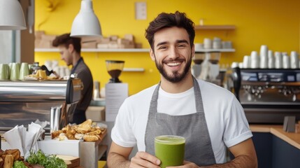 Happy Young Man Holding Green Smoothie at Cafe Counter with Colleague in Background, Smiling, Healthy Lifestyle, Small Business Owner