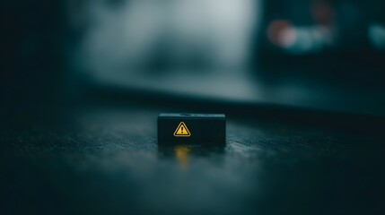 Small electronic device with a yellow warning symbol on a textured surface under moody lighting