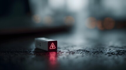 A close up shot of a small electronic device featuring a glowing red warning triangle symbol on a dark wet surface with bokeh background