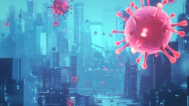 Virus cells infecting city during global pandemic outbreak