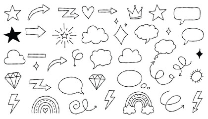 Hand-drawn doodle set with speech bubbles, arrows, stars, clouds, crowns, rainbows and shapes.