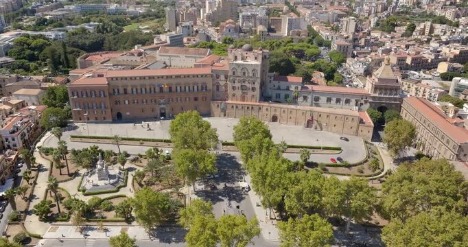 Aerial view of the Palazzo dei Normanni, also known as Royal Palace. It is located in the historic center of Palermo, Sicily, Italy. It is one of the city's most visited monuments and a Heritage Site.