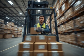Fototapeta premium Forklift operator transporting packages in a warehouse. Fast-paced, efficient warehouse work.