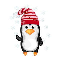 Christmas penguin with Santa Claus hat isolated on white background.Cute little penguin wearing red cap and snowflakes around.Funny penguin cartoon character.Festive winter penguin.Vector illustration